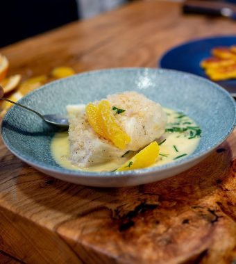 Poached cod with orange and vermouth
