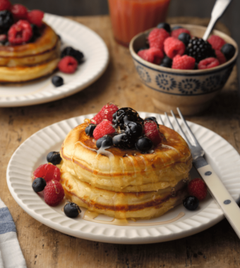 Pancakes with honey & fresh berries