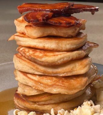 American Style Pancakes With Bacon, Popcorn and Maple Syrup